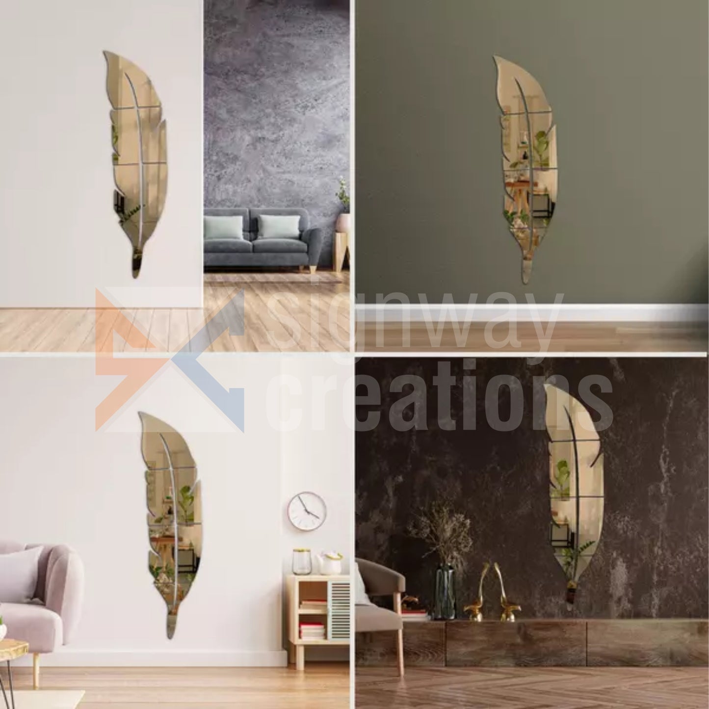 Feather Mirror Acrylic Wall Decor – 6Pcs