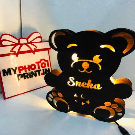 Customized Wooden Engraved Teddy Bear Lights Lamp