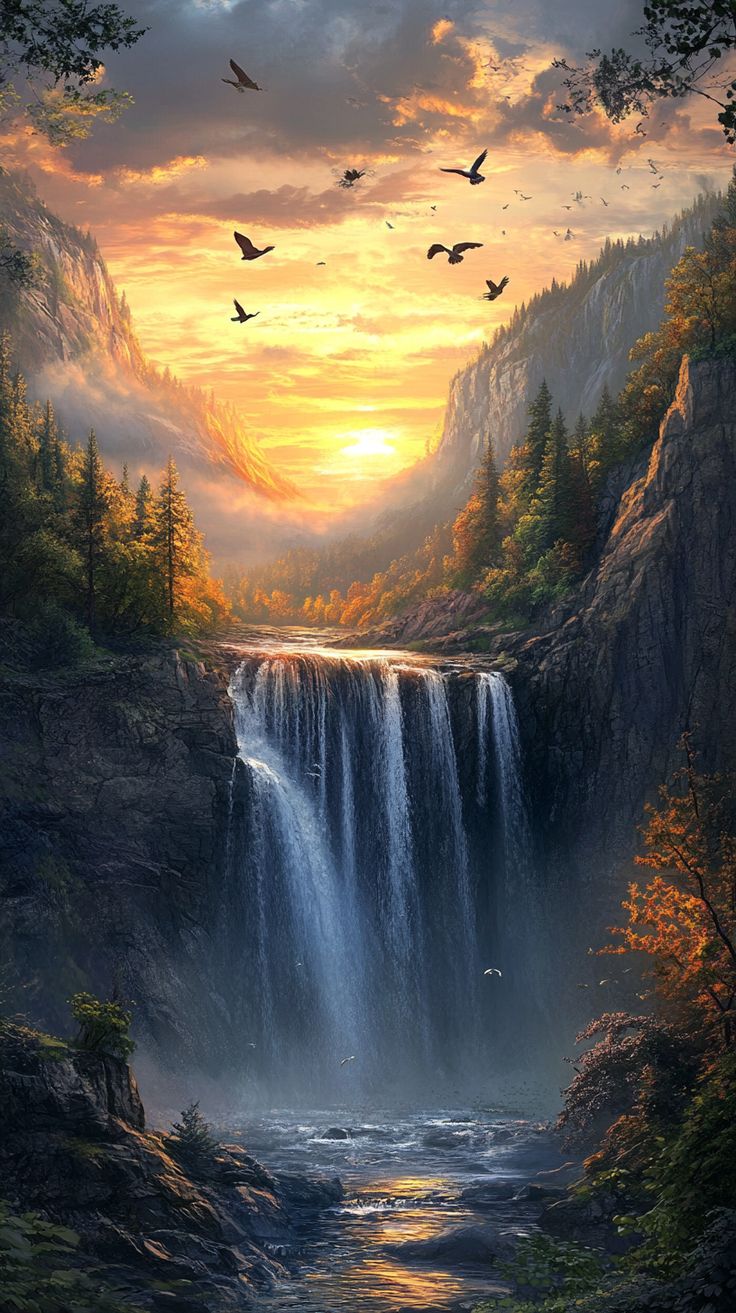 Mountain Waterfall Sunset
