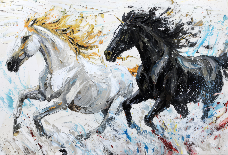 Black & White Horses Abstract Canvas