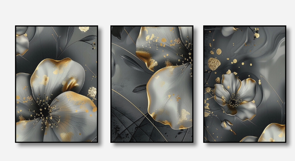 Silver Bloom – Grey & Gold Floral Canvas Set of 3