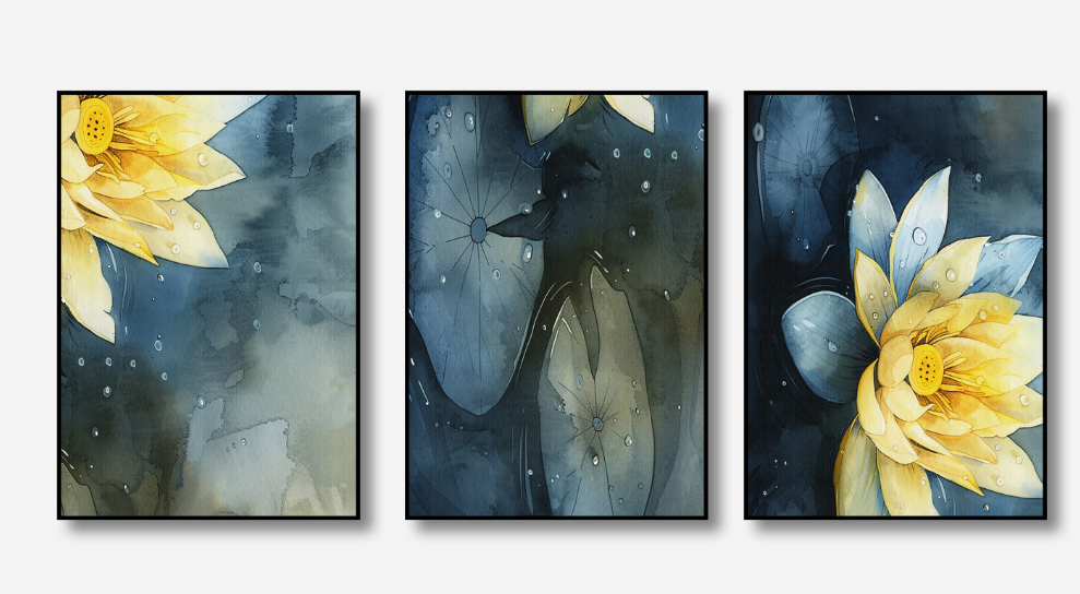 Golden Lotus – Watercolour Canvas Set of 3