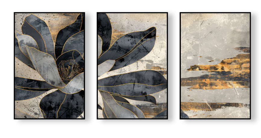 Dark Magnolia – Gold Line Art Canvas Set of 3