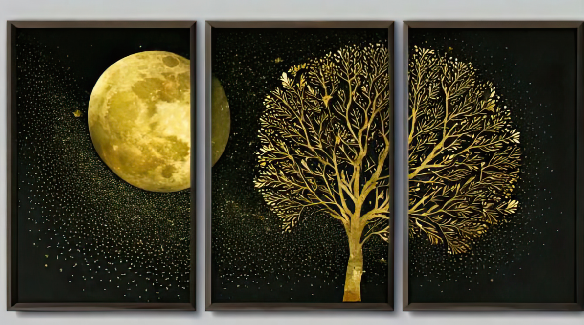 Shajr-e-Zar – Golden Tree & Moon Canvas Set of 3