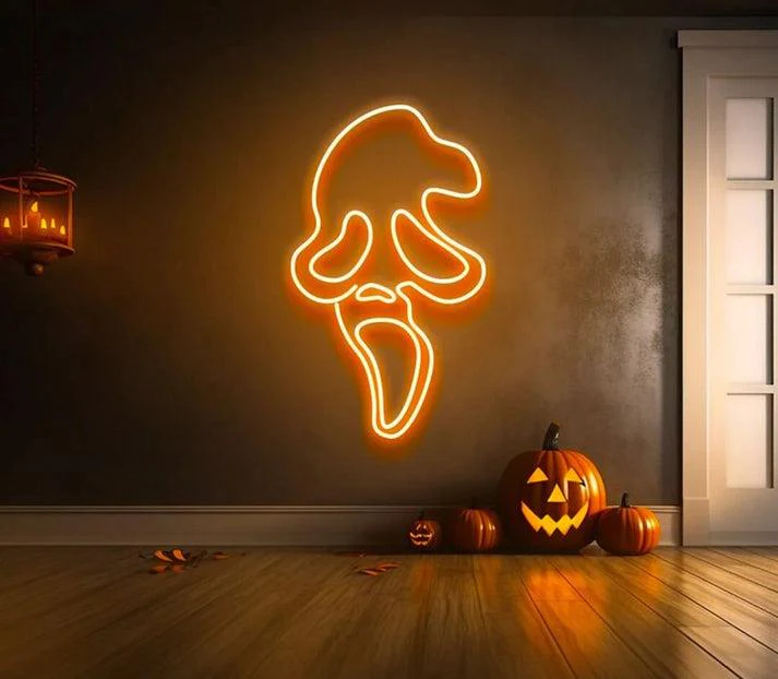 Ghost Face Neon Sign,Perfect LED Sign for Wall Decor, Spooky and Fun Addition to Your Space-White