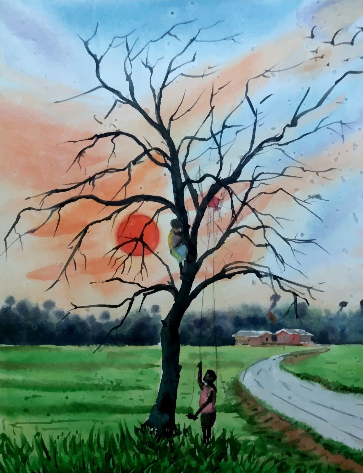 Sunset Landscape Watercolour Canvas Wall Art