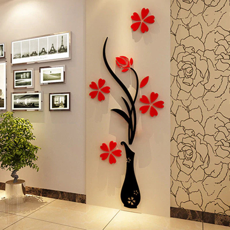 Chic Flower Vase Wall Art - Modern Floral Decor in Vibrant Red and Black