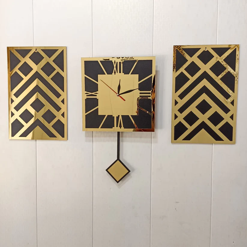 Modern Black and Gold Acrylic Wall Clock with Geometric Design (3 Pieces)