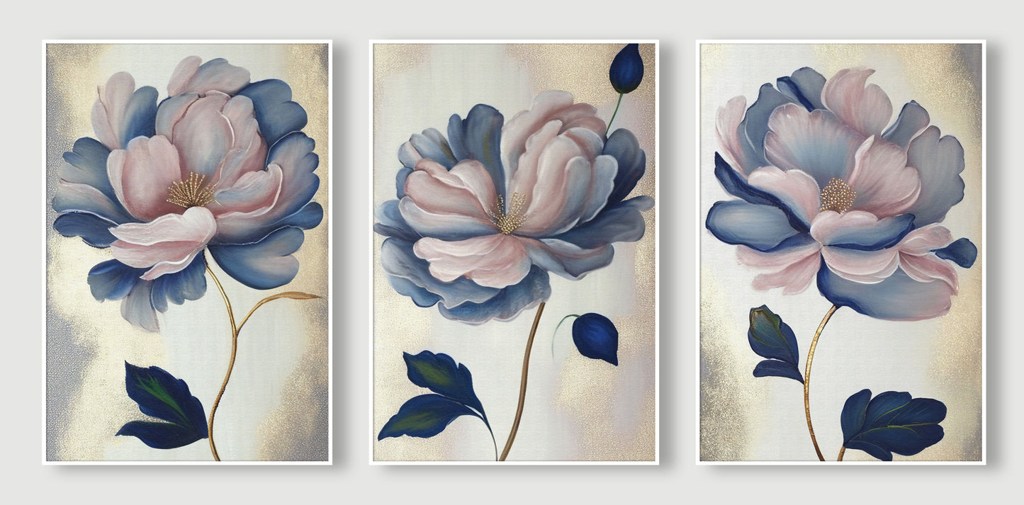 Soft Bloom Blush & Navy Floral Canvas Set of 3