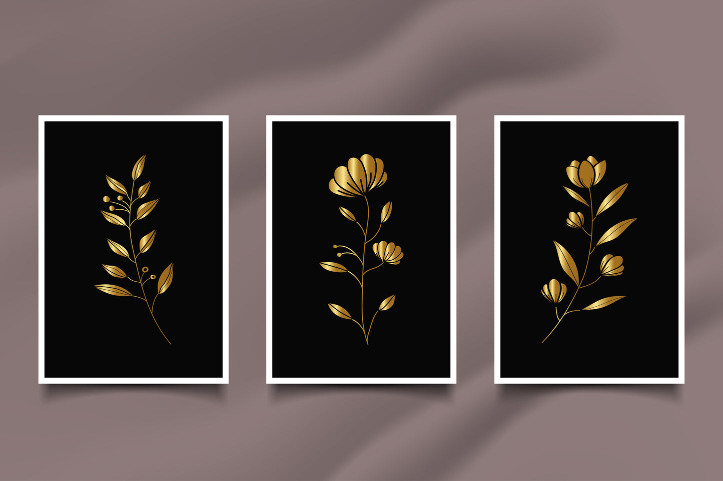 Gilded Nature – Black & Gold Floral Canvas Set of 3