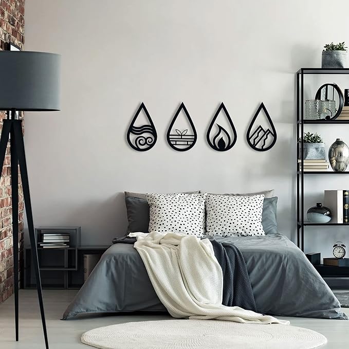 GoneNow 4 Pieces Four Elements Wooden Wall Art Black Wood Wall Decor Minimalist Decor Wooden Home Hanging Wall Art Decor Wall