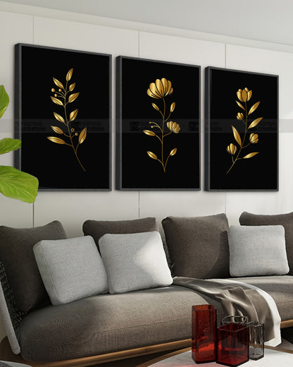 Gilded Nature – Black & Gold Floral Canvas Set of 3