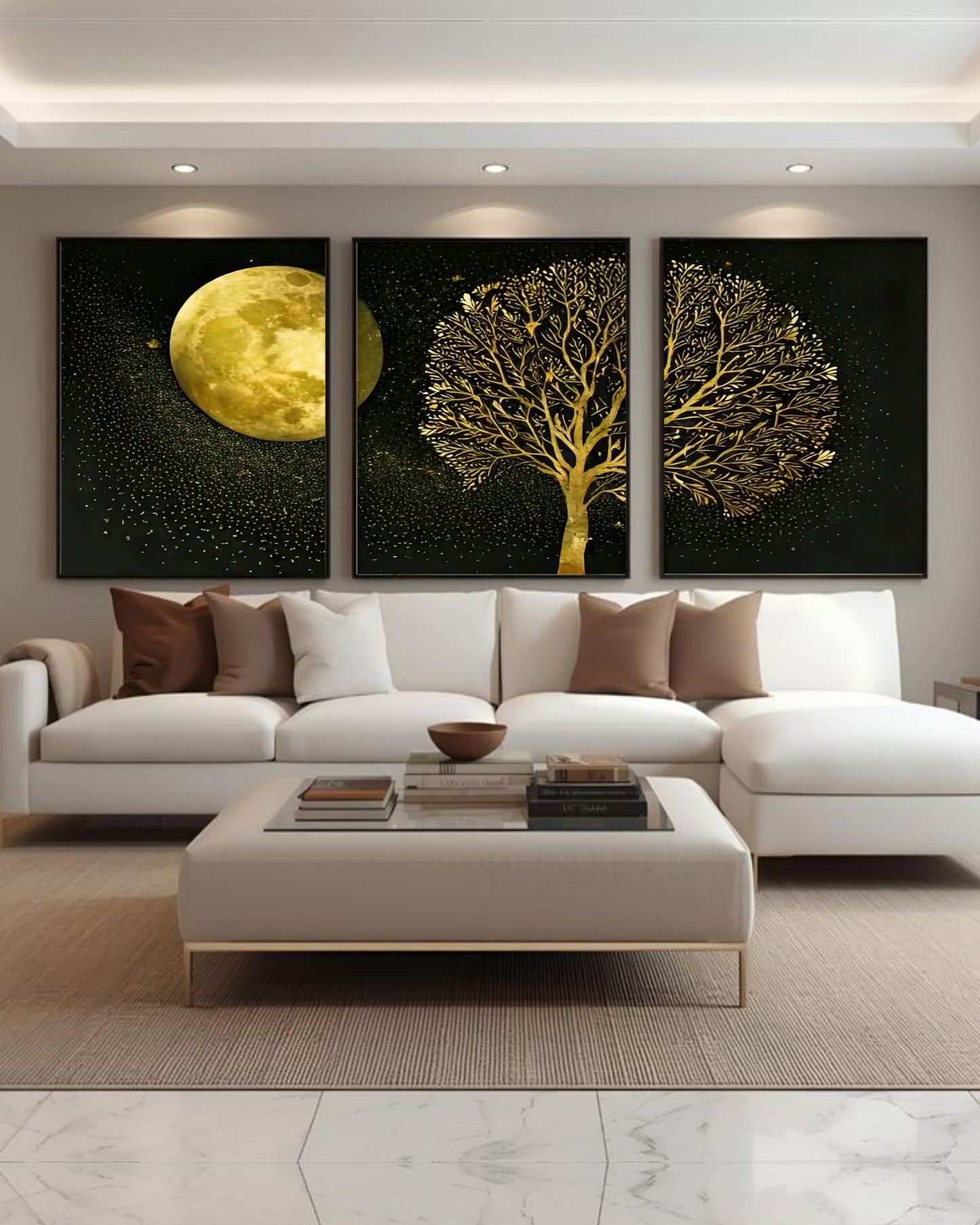 Shajr-e-Zar – Golden Tree & Moon Canvas Set of 3