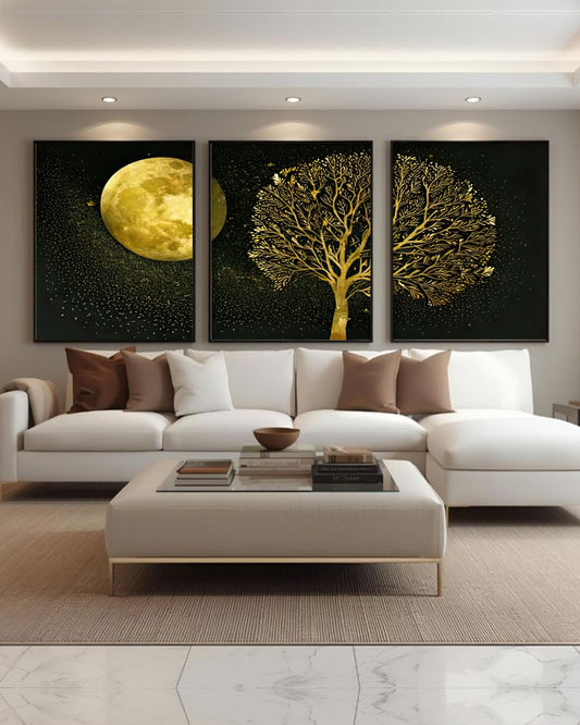 Shajr-e-Zar – Golden Tree & Moon Canvas Set of 3