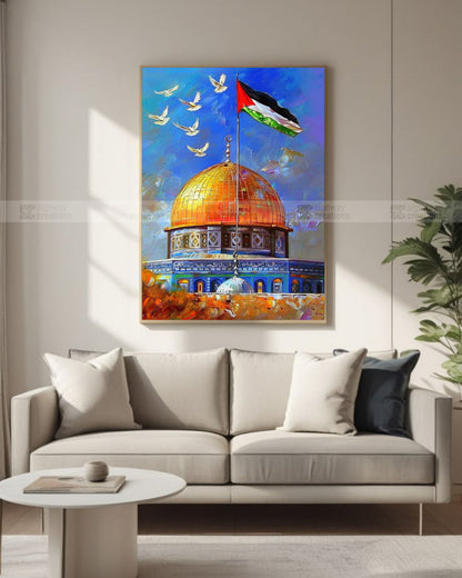 Dome of the Rock with Flag and Doves