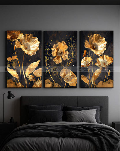 Petals of Gold – Dark Luxury Canvas Set of 3