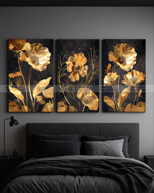 Petals of Gold – Dark Luxury Canvas Set of 3