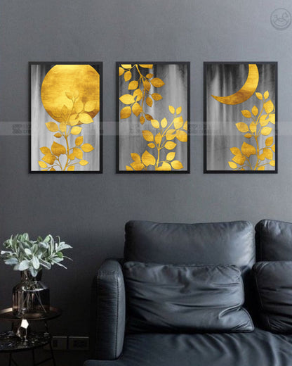 Sun, Leaf & Moon – Gold Botanical Canvas Set of 3