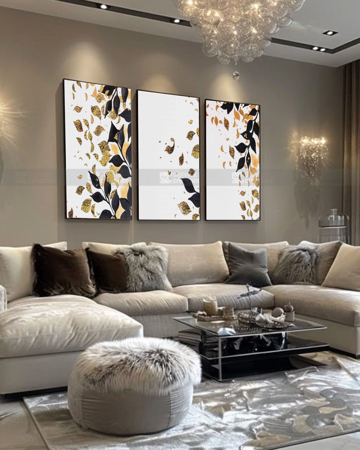 Falling Gold – Black & Gold Leaf Canvas Set of 3