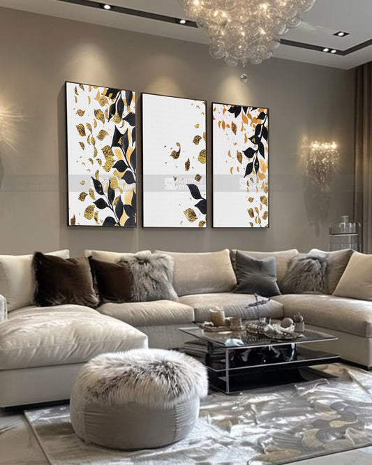 Falling Gold – Black & Gold Leaf Canvas Set of 3