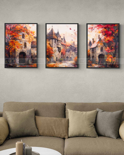 The Autumn Village – European Landscape Canvas Set of 3