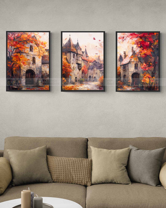 The Autumn Village – European Landscape Canvas Set of 3