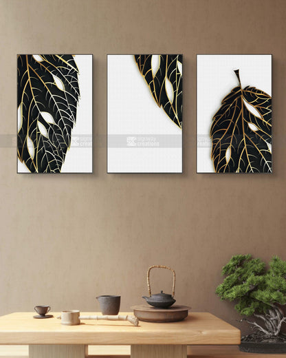 Leaf & Light – Black Gold Canvas Set of 3