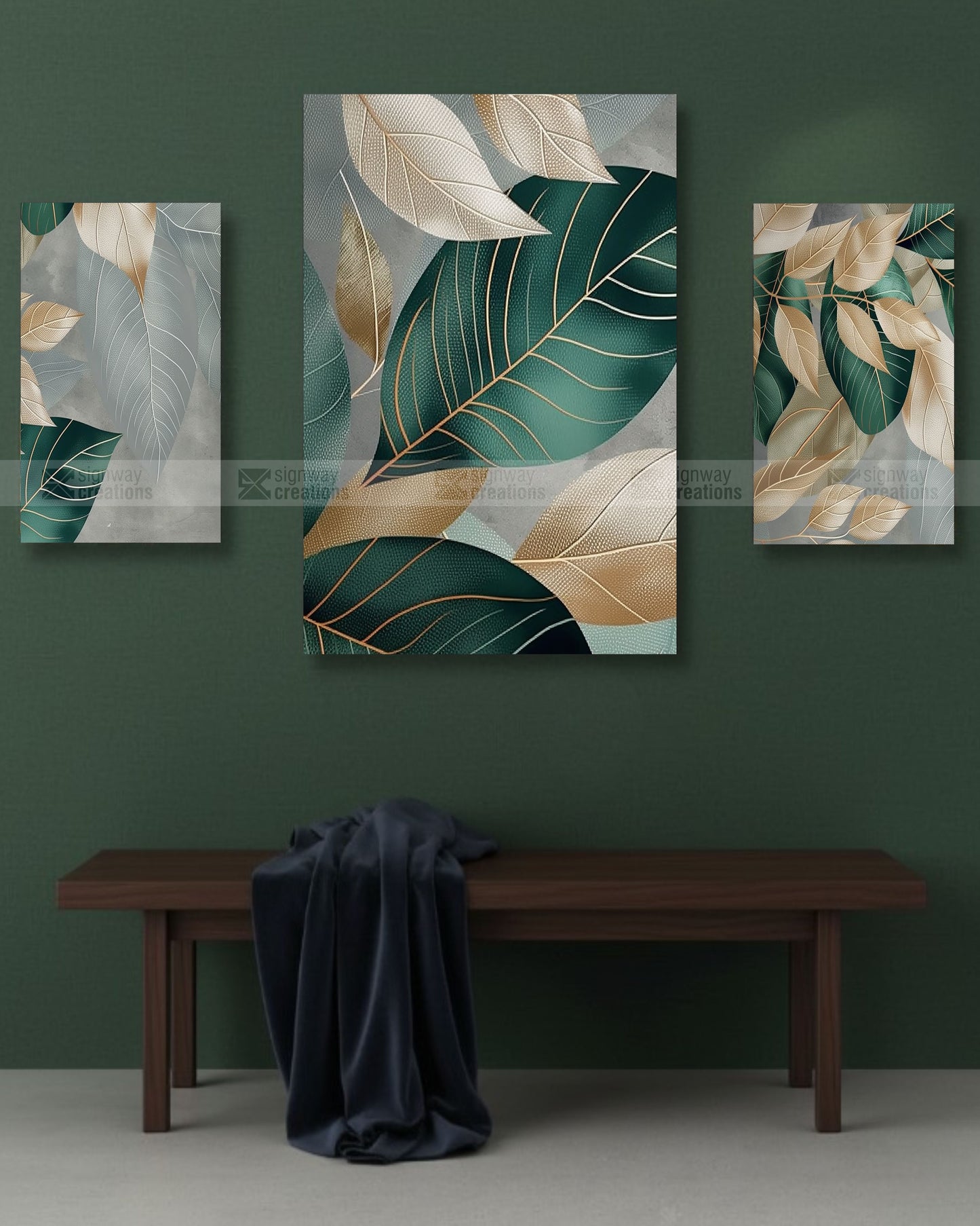 Emerald & Gold – Luxury Leaf Canvas Set of 3