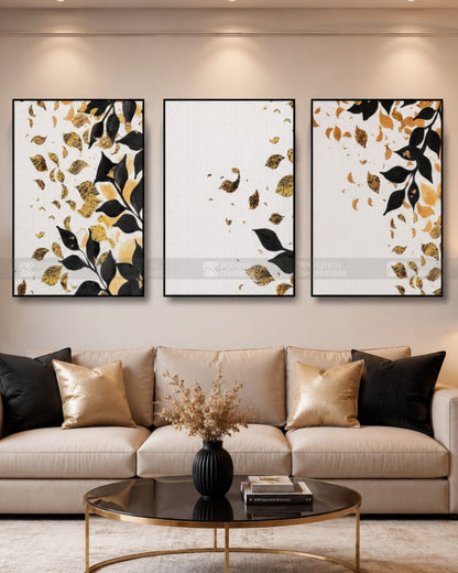 Golden Scatter – Luxury Leaf Canvas Set of 3