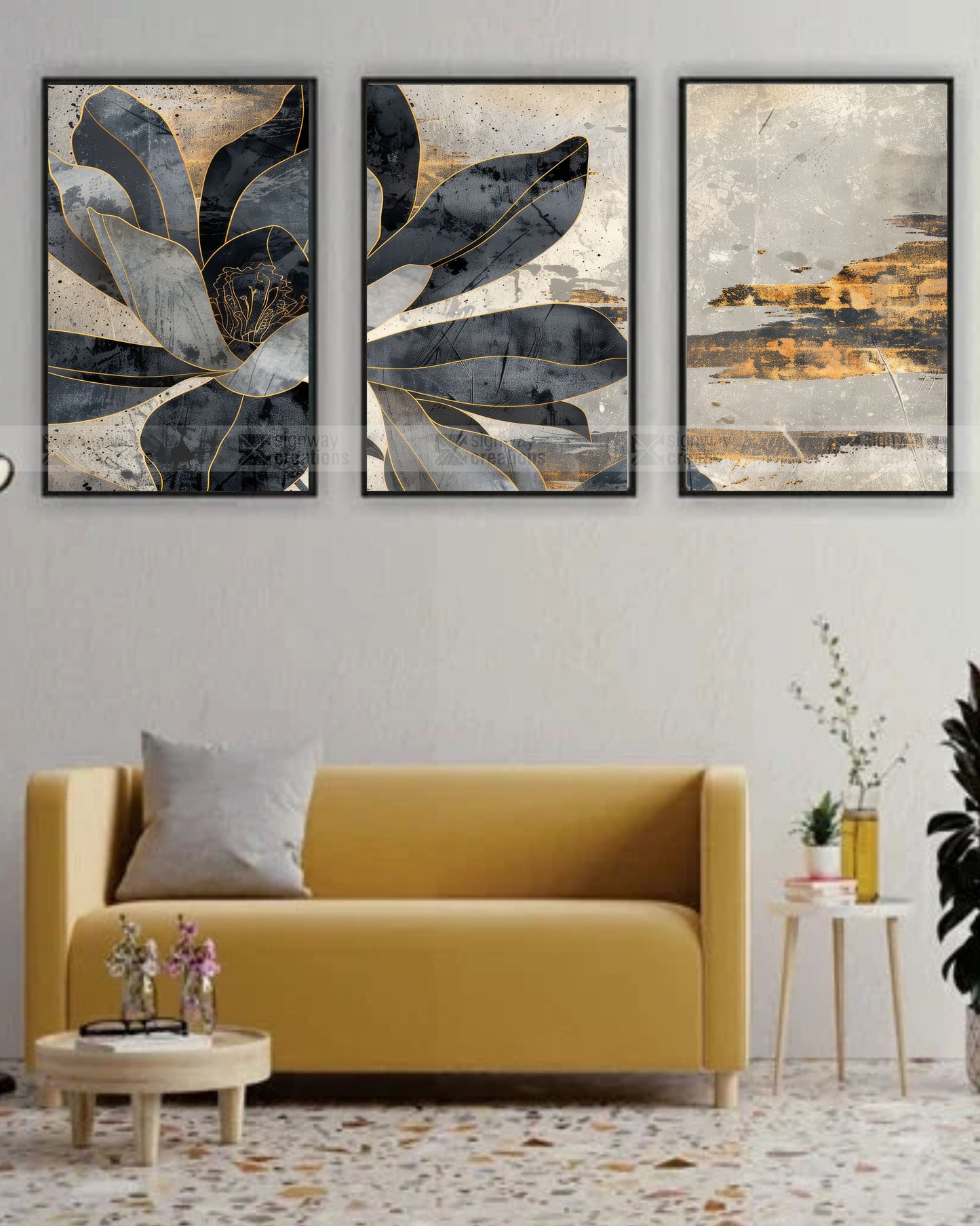Dark Magnolia – Gold Line Art Canvas Set of 3