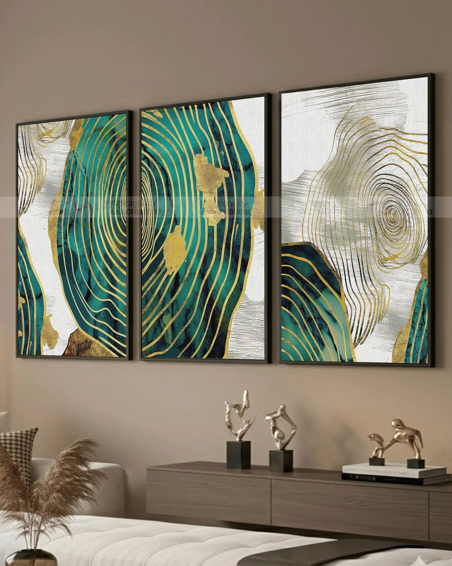 Gold Contour – Teal & Gold Abstract Canvas Set of 3