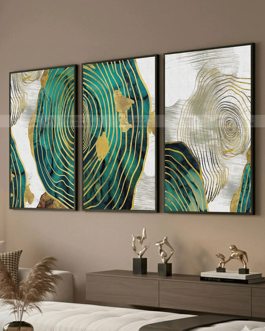 Gold Contour – Teal & Gold Abstract Canvas Set of 3