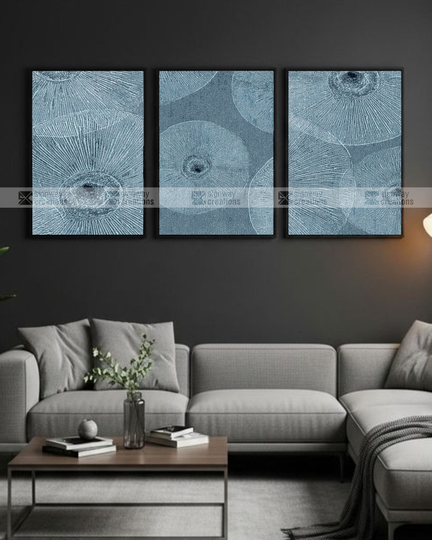 Blue Radial – Tonal Abstract Canvas Set of 3