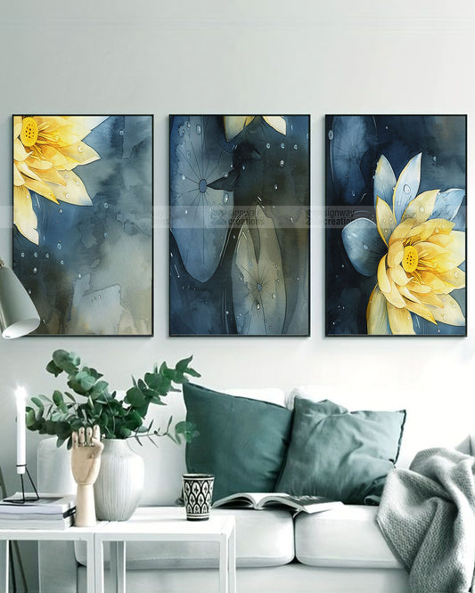 Golden Lotus – Watercolour Canvas Set of 3