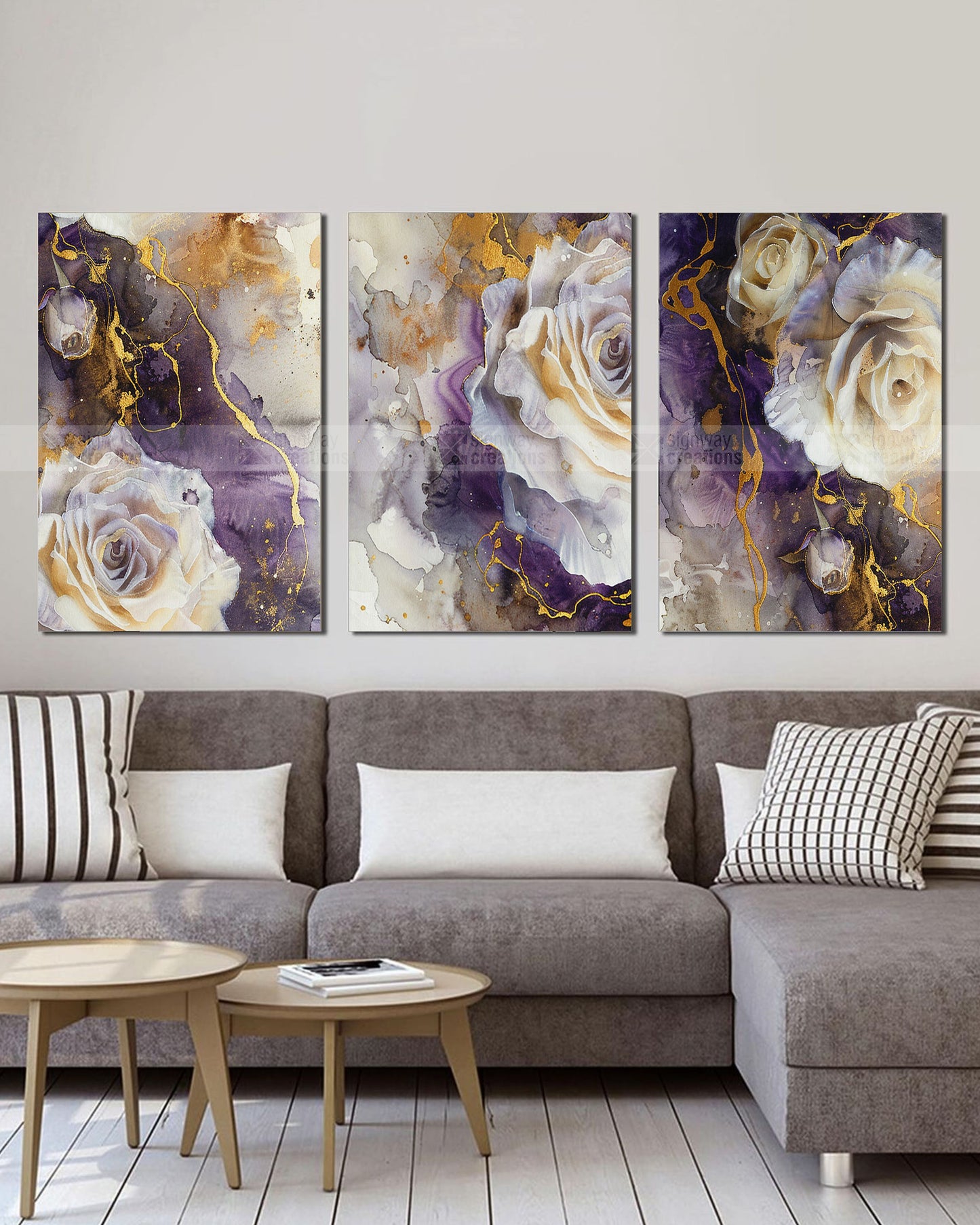 Violet Rose – Purple & Gold Canvas Set of 3