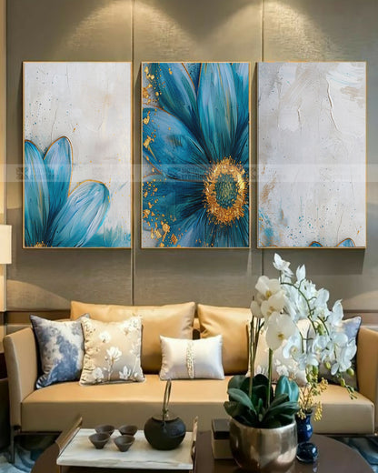 Blue Bloom – Teal & Gold Floral Canvas Set of 3