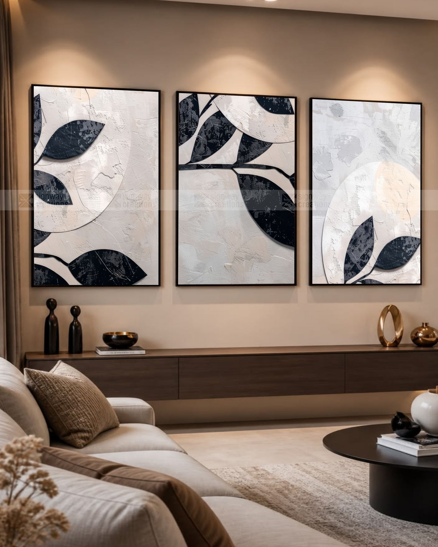 Black Leaf – Monochrome Textured Canvas Set of 3