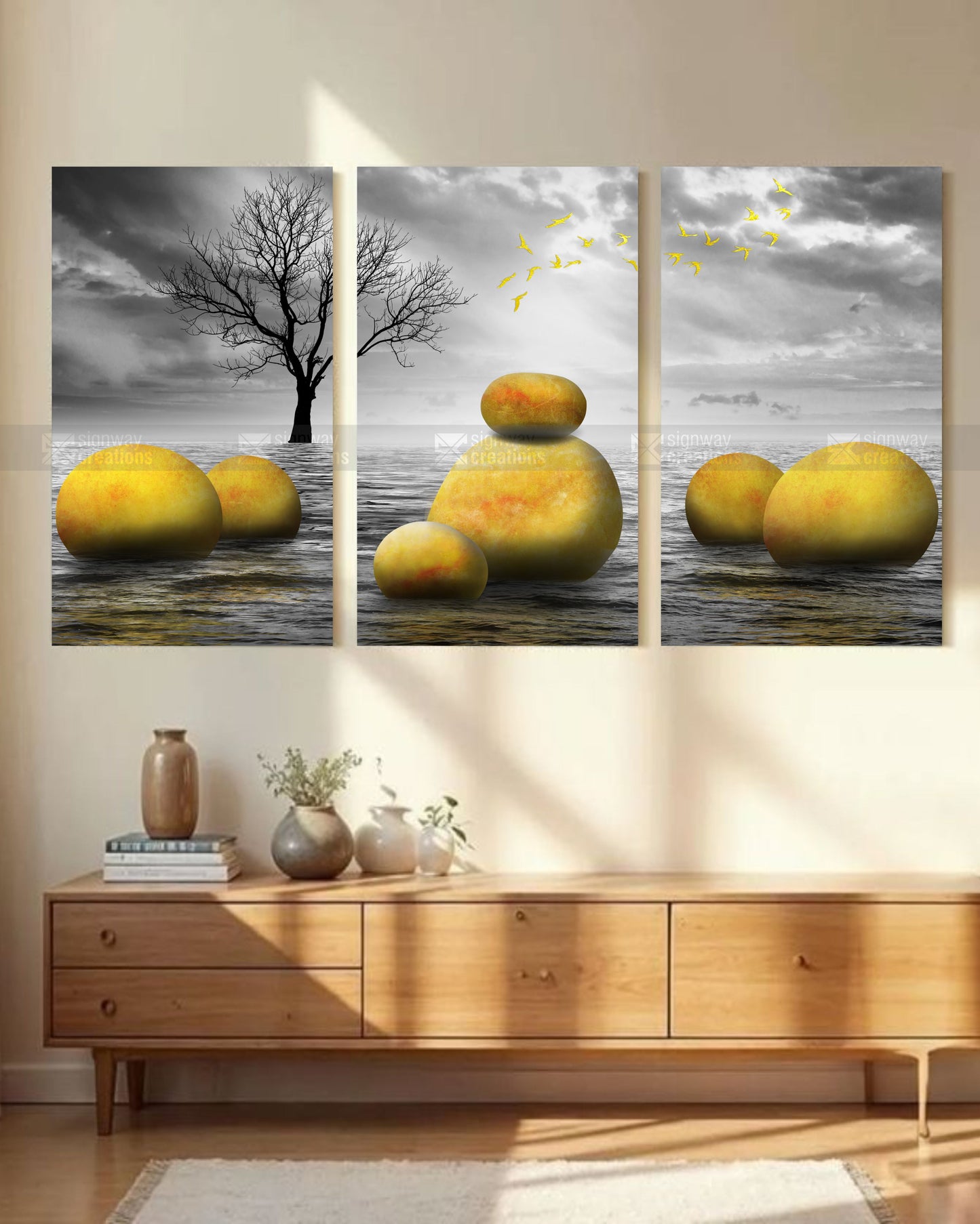 Golden Stones – Zen Surreal Canvas Set of 3