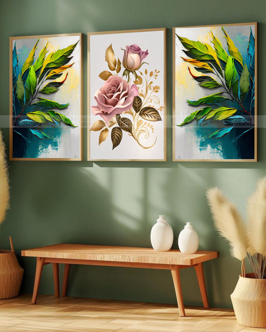 Rose & Tropics – Floral Botanical Canvas Set of 3