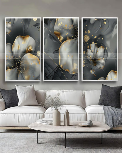 Silver Bloom – Grey & Gold Floral Canvas Set of 3