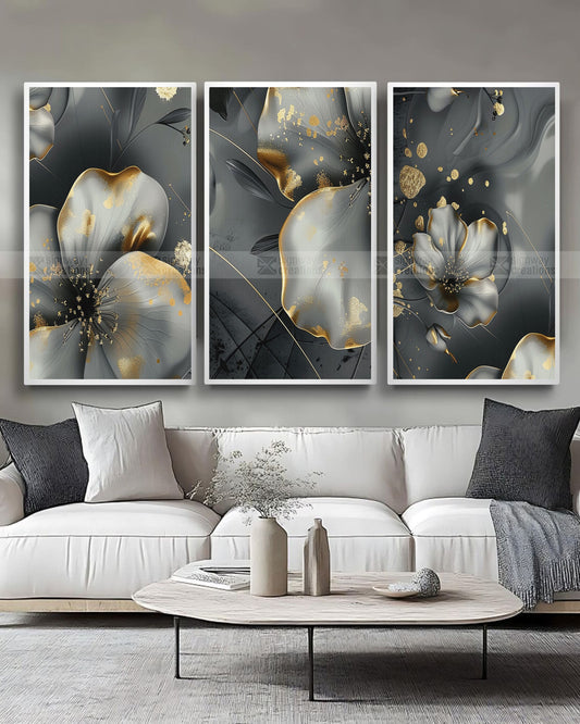 Silver Bloom – Grey & Gold Floral Canvas Set of 3
