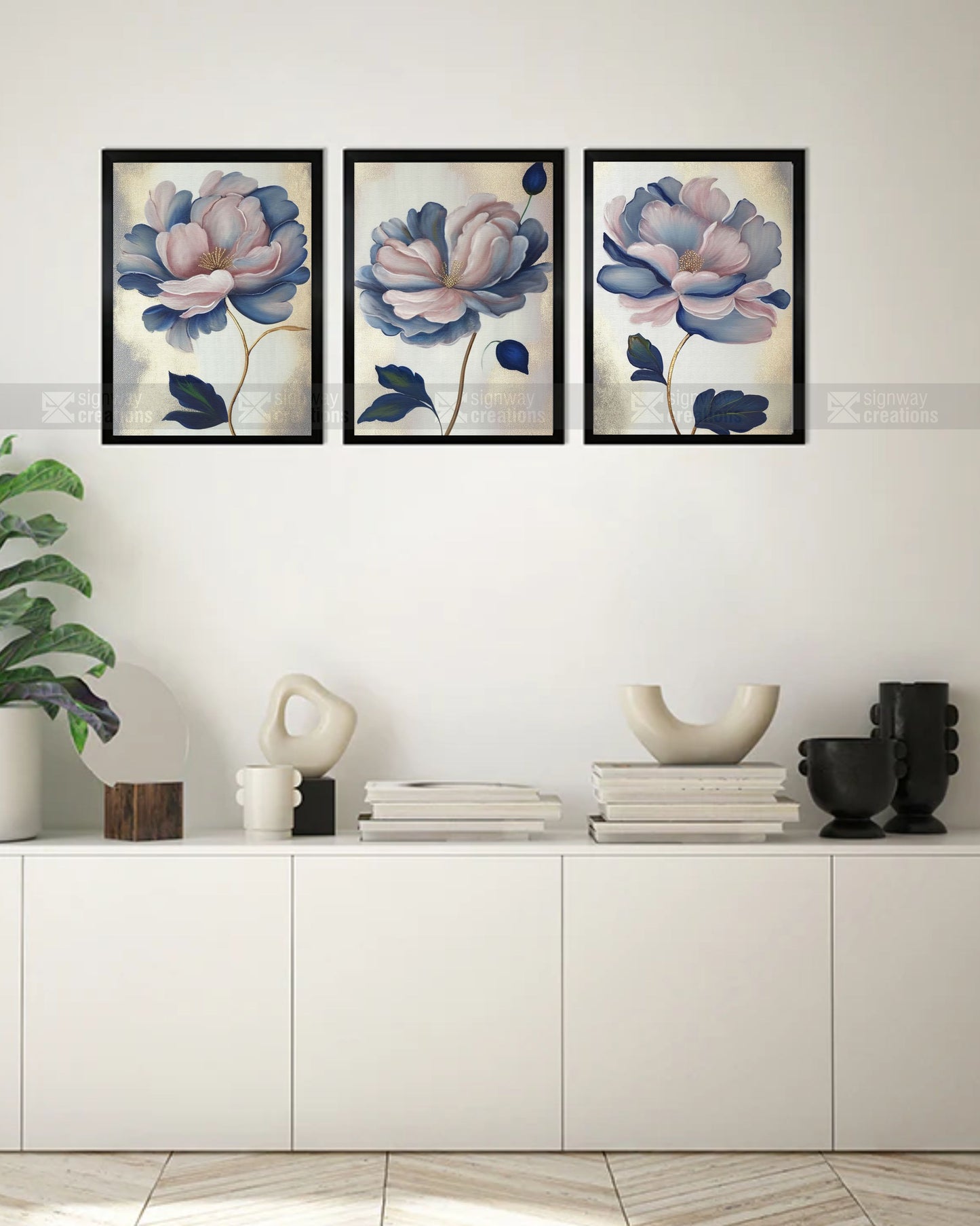 Soft Bloom Blush & Navy Floral Canvas Set of 3