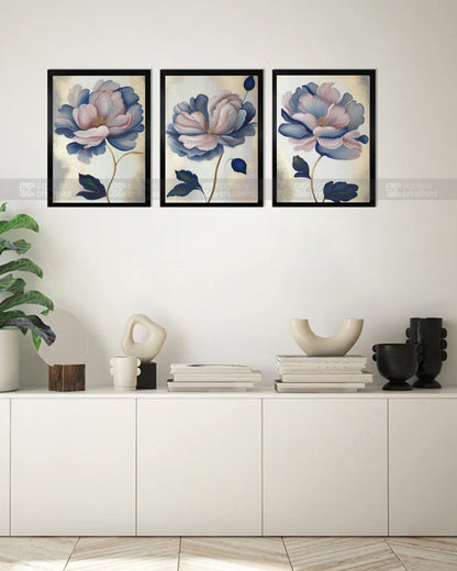 Soft Bloom Blush & Navy Floral Canvas Set of 3