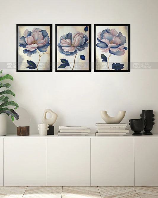 Soft Bloom Blush & Navy Floral Canvas Set of 3