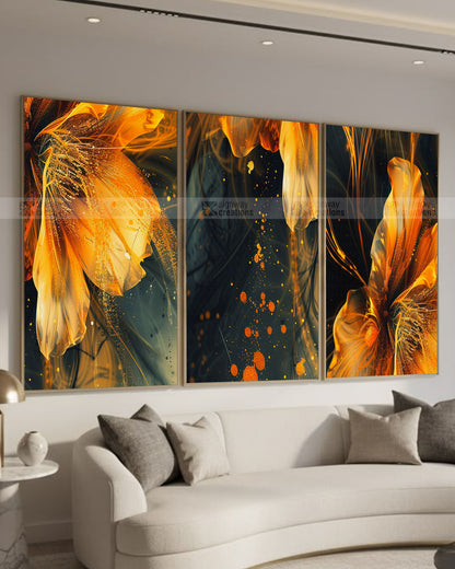 Fire Bloom – Gold & Teal Canvas Set of 3