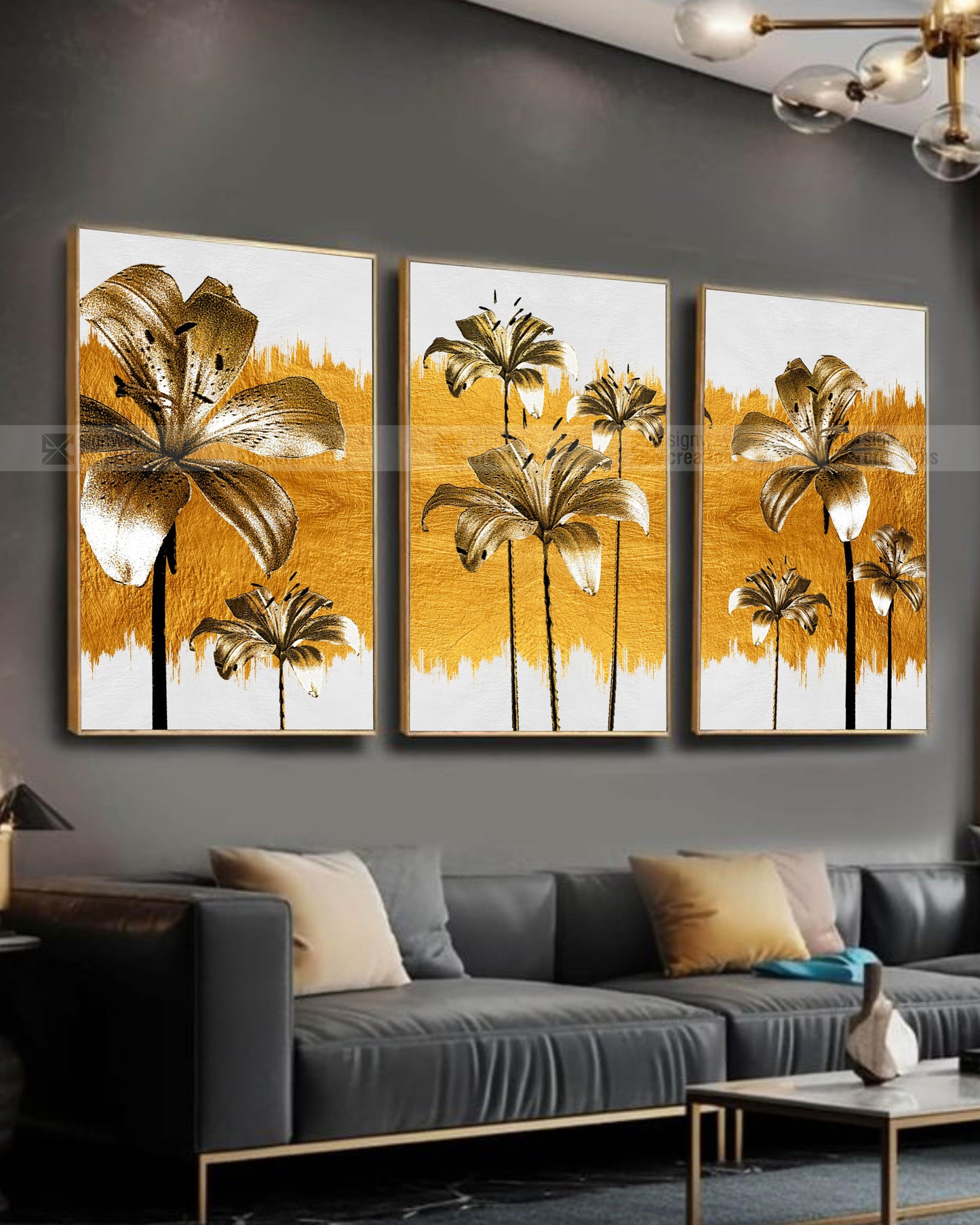 Gold Lily – Black & Gold Floral Canvas Set of 3