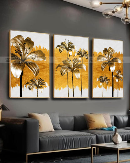 Gold Lily – Black & Gold Floral Canvas Set of 3