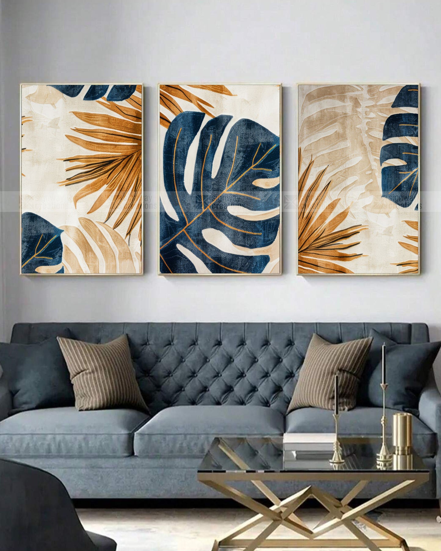 Monstera & Gold – Navy Botanical Canvas Set of 3