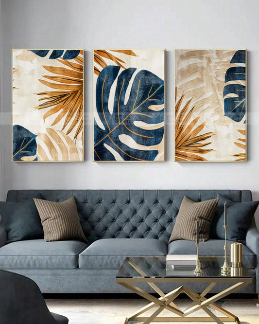 Monstera & Gold – Navy Botanical Canvas Set of 3
