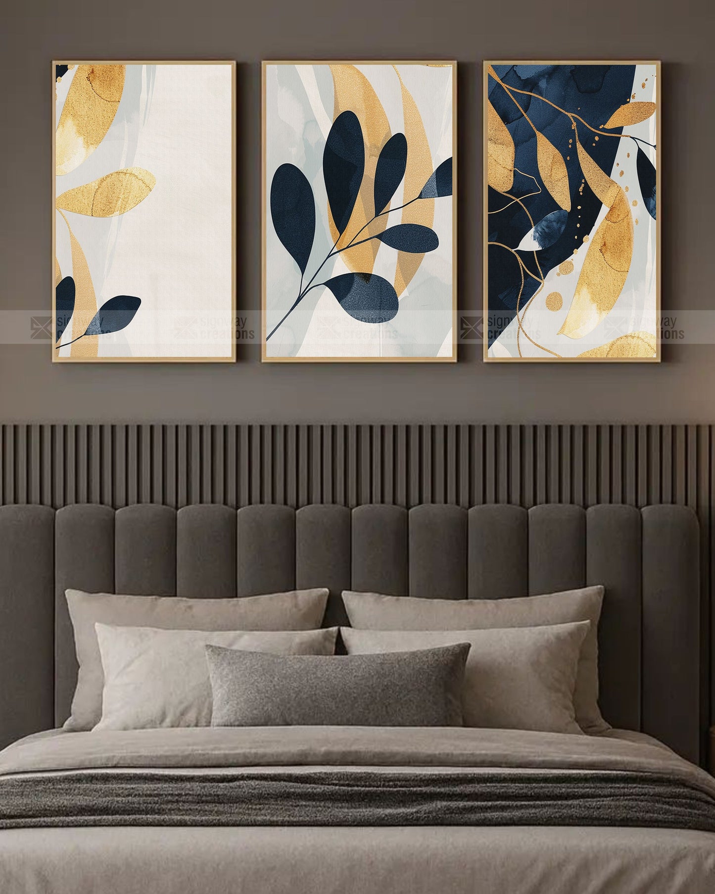 Navy & Gold Leaf – Abstract Canvas Set of 3